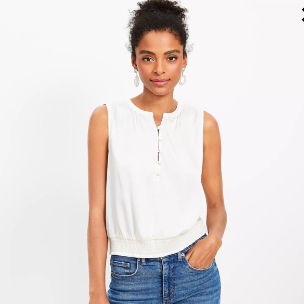 LOFT Cream Satin Button Bubble Hem Shell, Size L